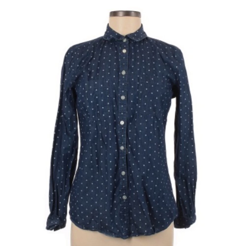 LOFT Navy Polka Dot Button Down Shirt (Size XS)